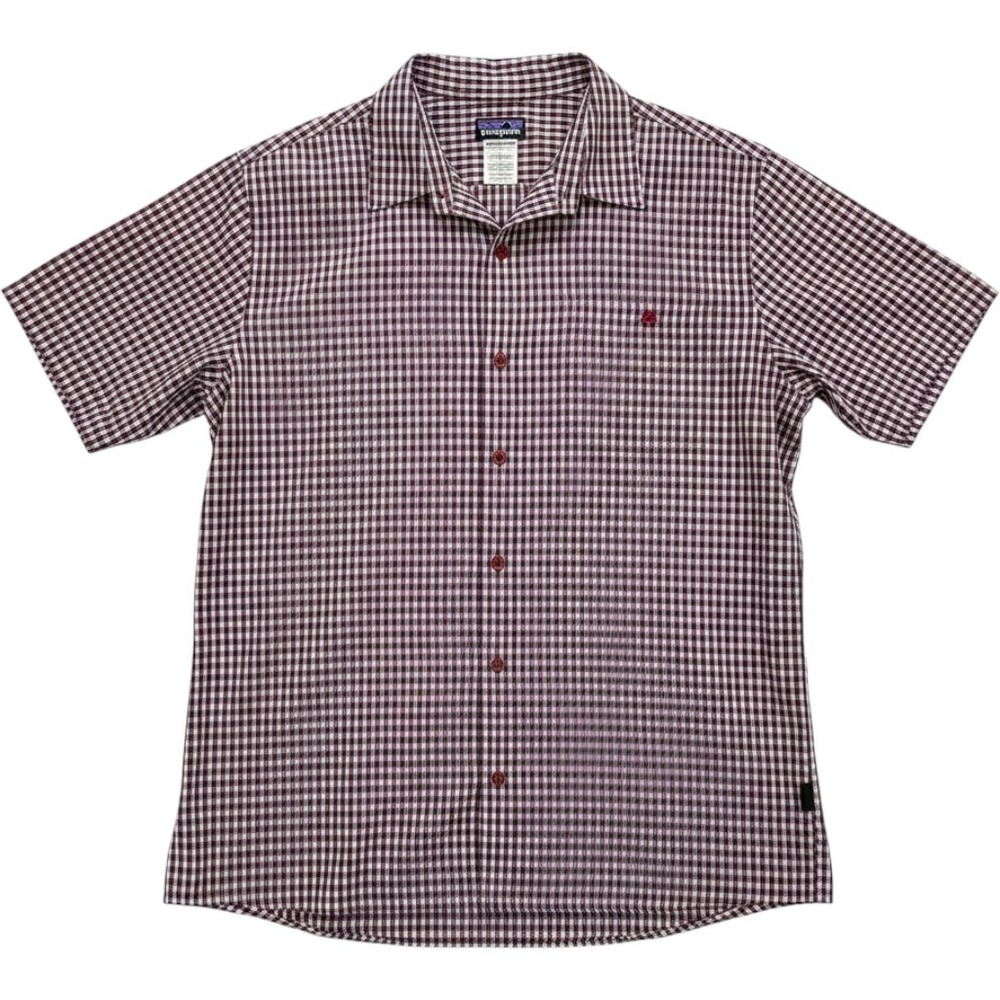 Patagonia Mens XL Short Sleeve Gingham Seersucker Button Down Shirt Burgundy